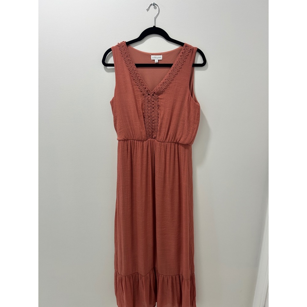 Luxology Womens Rust Terracotta Crochet Trim V-Neck Maxi Dress Tiered Hem Medium
